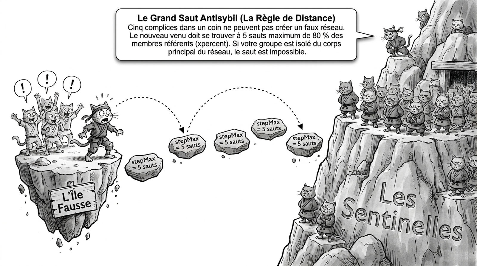 Panel: the great anti-Sybil jump — the distance rule, stepMax = 5 hops